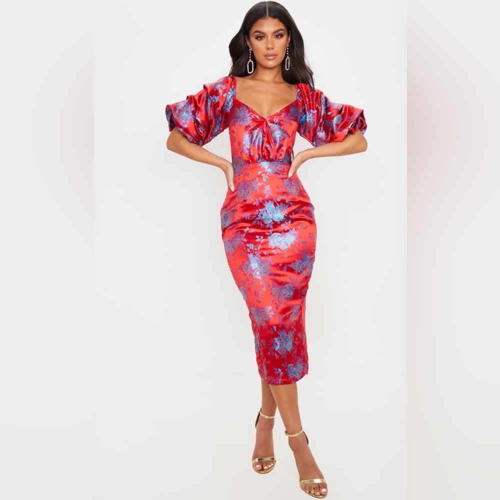 Red Floral Lace Up Open Back Dress